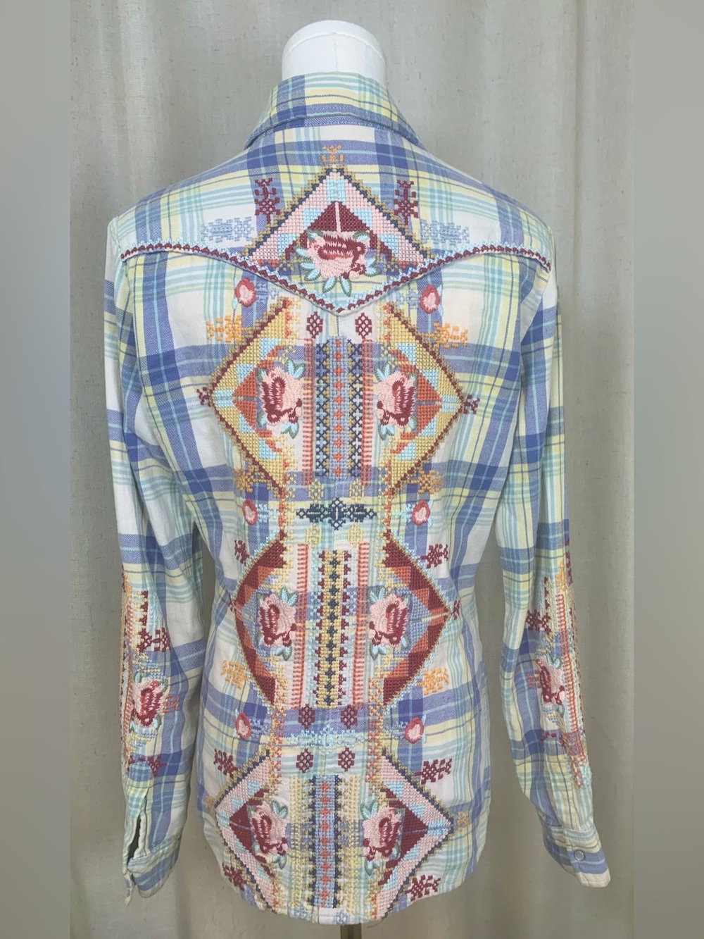 Johnny Was Embroidered Plaid Western Shirt XS Boho